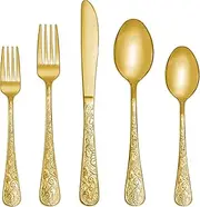 SHEUMNT 20-Piece Gold Vintage Carved Silverware Set for 4, Stainless Steel Flatware Set with Knife/Fork/Spoon, Cutlery Set for Home and Kitchen, Utensil Set with Dishwasher Safe