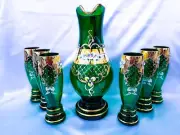 Czech bohemia crystal glass - Green Wine set decorated gold and enamel 6+1 II.
