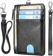 [Teskyer] Slim Wallet, Credit Card Holder Wallet with Zip Pocket & Neck Lanyard, Minimalist Front Pocket RFID Blocking Leather Wallet for Men & Women