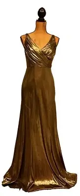 Aidan Mattox V-Neck Metallic Shimmer Long Evening Dress Gold Sz 4 New w/Tags $89