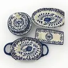 11pc ARTISAN DE LUXE BLUE ROSE SCROLL MELAMINE DINNER / SALAD PLATE SERVING SET