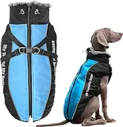 Waterproof Dog Winter Jacket, Cold Weather Dog Coats with Harness and Fur Collar, Easy Walking and Soft Warm Sportswear for Medium and Large Dogs (Blue, XL)