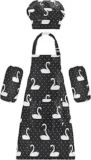 AIXIWAWA Kids Apron Chef Hat Set, Child Kitchen Bib Aprons Adjustable for Cooking Baking Painting (Dots Black Swan)