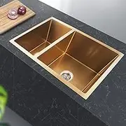 Brushed Gold Kitchen Sink Basin 304 Stainless Steel Under/Top/Flush Mount Double Bowl Sinks Handmade Utility Kitchen Sink with 2 Waste Strainer AU Standard 710 x 450 mm