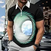 Men's Geometic Visual deception Zip Polo Short Sleeve Turndown Modern Casual / Sporty Sports Outdoor Athleisure Daily 3D Print Summer Green