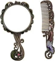 Minkissy Retro Style Handhold Makeup Mirror Set Triple Mirror Comb Vintage Random Color