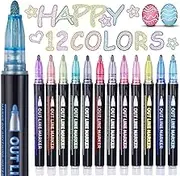 Double Line Outline Pen Markers, 12 Colors Shimmer Markers Glitter Pens, Metallic Painting Marker use for Art, Drawing, Doodling, Gift Card Making, DIY Crafts