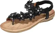 [Generic] Ladies Summer Vintage Beaded Strap Thong Sandals Womens Flat Sandals Comfy Bohemia Elastic T-Strap Post Soft Sandals (Black 01 5.5 UK)