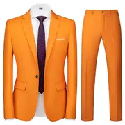 Fxiaoxian Men's 2 Pieces Suit Elegant Solid Party Blazer Pants Set Orange 3XL