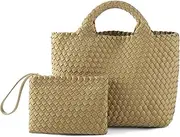[LIKEBAG] Woven Bag for Women, Neoprene Tote Bag Summer Beach Handbag Purse Retro Handmade Travel Shoulder Bag Set