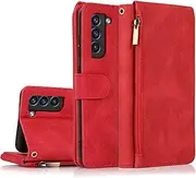 [GoshukunTech] for Samsung Galaxy S21 FE 5G Case,for Galaxy S21 FE 5G Wallet Case[ 8 Card Slots & 1 Zipper Coin Purse] Leather Wallet Flip Cover with Wrist Starp-Red