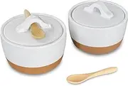 [MORA CERAMICS HIT PAUSE] Salt and Pepper Cellar Set with Lid - 10 oz Modern Canister/Container/Bowl for Storage, Sea Salt, Spice, Sugar, Countertop - Small Dish/Jar with Wood Spoon, White Crock