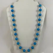 Handmade ~ Gold Plated Beads ~ 13.5mm Round Turquoise Beaded 28" Necklace TP3