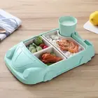 1 Set Food Plate Compartment Storing Car Shape 3 Grids with Cup Breakfast Tray