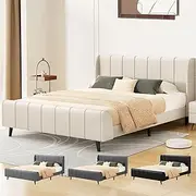 ALFORDSON Bed Frame Base King Size with Headboard, Bed Platform Foundation with Linen Fabric Upholstered for Mattress Topper, HUNDOLF Series Fabric Beige