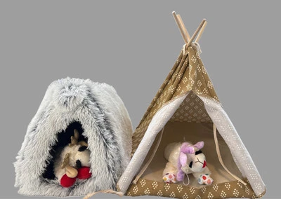 Pet Teepee & Faux Fur Cave Bed For Dogs & Cats Portable With Soft Cushion New