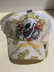 Vtg Ed Hardy White Rhinestone Snapback Mesh Cap Skull Embroidery Hat New Adj