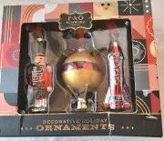 FAO Schwarz Christmas Ornaments, 3-pc, Nutcracker/Hot Air Balloon/Spaceship NEW