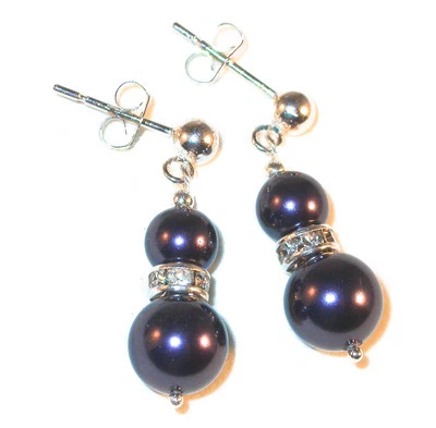 Deep DARK PURPLE Pearl Earrings Sterling Silver Dangle Swarovski Elements