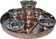 Pack Of 1 Set Stainless Steel Copper Traditional Dinnerware Set Of Thali Plate, Bowls, Glass And Spoon, Diameter 12-Inch