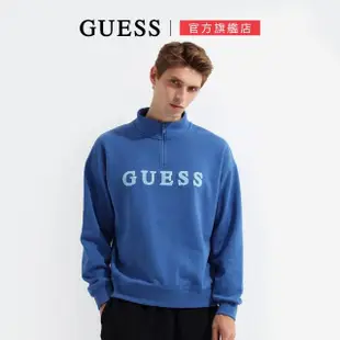 【GUESS】男裝 極簡搭配 落肩 字體 LOGO 拉鍊 開襟 合身 運動 休閒 造型上衣 造型上衣(藍)