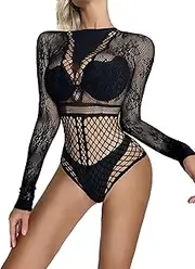 [YIOTMOP] Women's Lace Bodystocking SM Fetish Lace Jumpsuit Sleepwear Sexy Bikini Hip Cover Three-Point Long Sleeve Jumpsuit, black, Elastizität