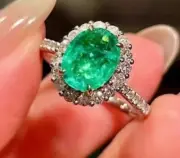 2.40 Ct Natural Oval Zambia Emerald Diamond Engagement Ring14K solid white gold