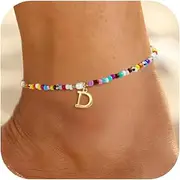 [Fohufo] Ankle Bracelets for Women - Cute Pearl Beads Anklets for Women Waterproof Gold, Initial Colorful Boho Beaded Non Tarnish Foot Chain Anklet | Summer Colorful Jewelry Gift