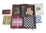 Vintage 6 In 1 Travel Game Set Chess Cribbage Checkers Backgammon In Case