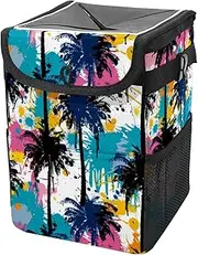Car Trash Can with Lid and Storage Pockets Leak-Proof Organizer,Multipurpose Trash Bin for Car,Watercolor Tropical Palm Tree