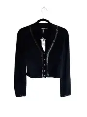 DKNY Cropped Cardigan Sweater Lambswool Cashmere Blend Black Size Medium NWT