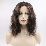 Xiweiya 16" Natural Brown Wavy Wig Synthetic Lace Front Wigs Middle Part Brunette Hair Short Soft Curly Wig Hair Replacement Wig for Women, Drag Queen Makeup