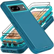 [YKHJKLEC] for Google Pixel 8 Case, Military Grade 3 in 1 Heavy Duty Shockproof/Drop Proof/Dust Proof Case with 2Pcs Tempered Glass Screen Protector (Blue/Turquoise)