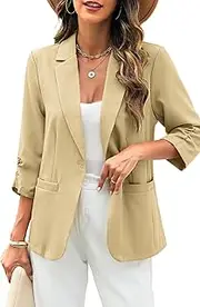[ELLEVEN] Women's Linen Blazer 3/4 Ruched Sleeves, Lightweight Slim Fit Jackets with Pockets Half Lining