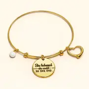She Believed She Could Heart Charm Gold Layered Tubular Adjustable Inspirational Bangle