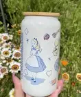 Alice And Wonderland Shimmer Can Glass 16oz With Bamboo Lid And Straw