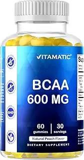 Vitamatic BCAA Gummies - Branch Chain Amino Acid Supplements - Peach Flavor - 600mg per Serving - 60 Vegan Pectin Based Gummies