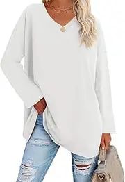Elfin Women's Basic Long Sleeve Oversized T-Shirt V Neck Plain Thin Knitted Tunic Tee Top