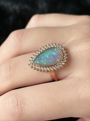 18K Rose Gold Australian Solid Black Crystal Opal Ring Wedding BrideTeardrop