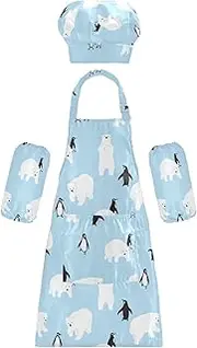 AIXIWAWA Kids Apron Chef Hat Set, Child Kitchen Bib Aprons Adjustable for Cooking Baking Painting (Penguin and Polar Bear)
