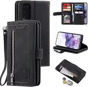 [UEEBAI] Wallet Case for Samsung Galaxy S20, Retro 9 Card Holder Slots Zipper Pocket Handbag Case PU Leather Magnetic Closure Kickstand with Wrist Strap TPU Shockproof Flip Case - Black