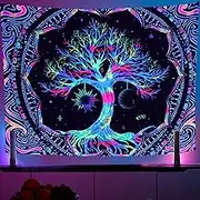 BlackLight Tree of Life Tapestry with Sun Moon and Star Galaxy Space, Colorful Hippie Trippy Tapestries Mandala Psychedelic Posters, Aesthetic Wall Hanging for Living Room Bedroom Dorm Decor (92.5 ×