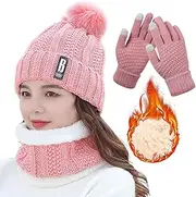 [TYXHXTF] Hat Scarf and Gloves Sets, Women Knitted Pom Beanie Hat, Thermal Gloves, Neck Warmer Set, Winter Warm Thicken Soft, 3 in 1 Cold Weather Set, for Women Ladies Girls Outdoor Sports (Pink), Pink,