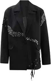 [Zadaos] Womens Black Sequins Bandage Big Size Casual Blazer Lapel Long Sleeve Fashion Suit Jackets