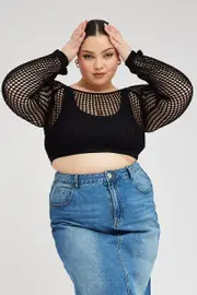 Black Fishnet Knit Top Long Sleeve Square Neck