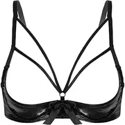 [Riismen] Women's Sexy PVC Leather 1/4 Cup Bra Balconette Push Up Underwire Shelf Bra Tops Bralette Lingerie