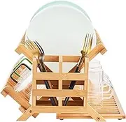 Worthyeah Bamboo Dish Drying Rack, 3 Tier Collapsible Wooden Dish Drainer Rack with Utensil Holder, Plate Rack for Kitchen Counter, Large Folding Drying Holder