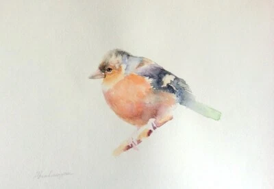 Perching Chaffi, Birds, Watercolor artwork, Handmade, Original painting on paper
