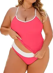 [Jolefille] Plus Size Tankini Swimsuit for Women Tummy Control Two Piece Full Coverage Bathing Suit with Built in Bra