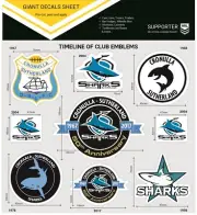 620552 CRONULLA SHARKS NRL TIMELINE OF CLUB EMBLEMS GIANT DECALS STICKER SHEET